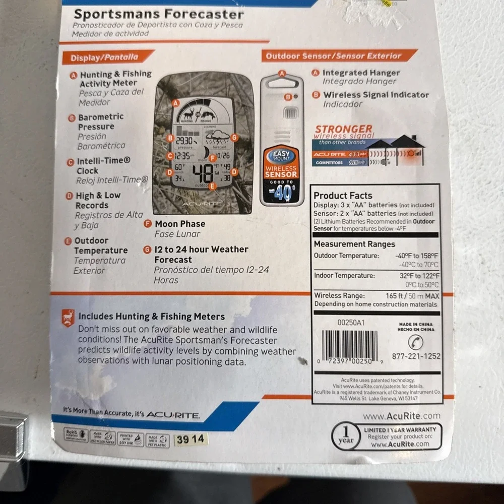 Acurite SPORTSMAN FORECASTER WEATHER STATION - KNOW WHEN TO HUNT & FISH! - NEW